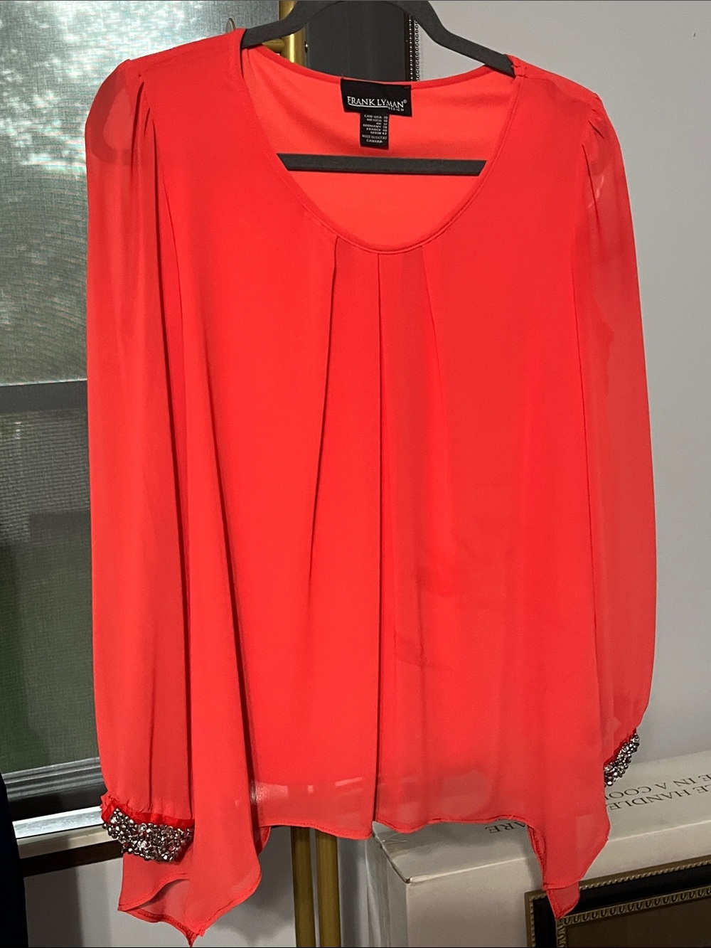Frank Lyman Design Bright Coral Pleated Long-Sleeve Blouse